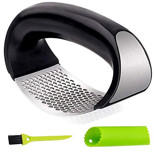 Stainless Steel Garlic Press Rocker Garlic Crusher Squeezer Slicer Mincer Chopper Kitchen Gadget with Handle comes with garlic stripper and brush. Stainless Steel Garlic Press Rocker Garlic Crusher Squeezer Slicer Mincer Chopper Kitchen Gadget with Handle comes with garlic stripper and brush.