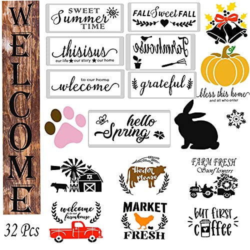 32 Pack Welcome Stencil for Painting on Wood, Reusable Letter Stencils for Painting on Wood with Numbers and Signs, Large Alphabet Cursive Letter Stencil for Wall Art and DIY Crafts