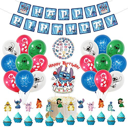 Lilo and Stitch Birthday Decorations Party Supplies Include Happy Birthday Banner, 18 party Balloons, 40 Lilo and Stitch Stickers, 12 Cupcake Toppers and 1 Large Cake Toppers for Kids Boys Girls Lilo and Stitch Birthday Decorations Party Supplies Include Happy Birthday Banner, 18 party Balloons, 40 Lilo and Stitch Stickers, 12 Cupcake Toppers and 1 Large Cake Toppers for Kids Boys Girls
