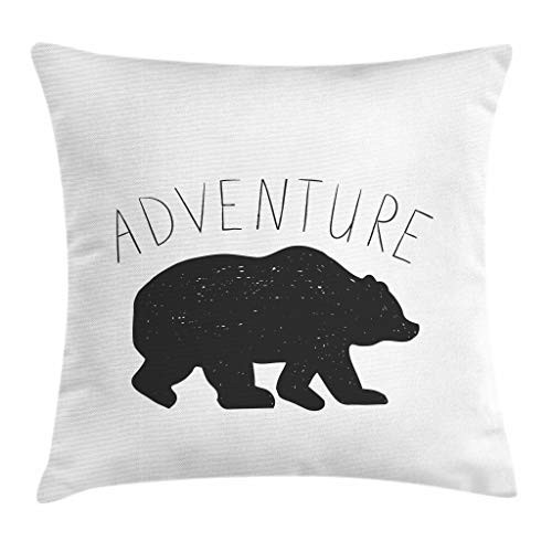 Ambesonne Adventure Throw Pillow Cushion Cover, Black Silhouette of a Wild Bear Zoo Animal Nature Passion Hipster Design, Decorative Square Accent Pillow Case, 18 X 18 Inches, Charcoal Grey White