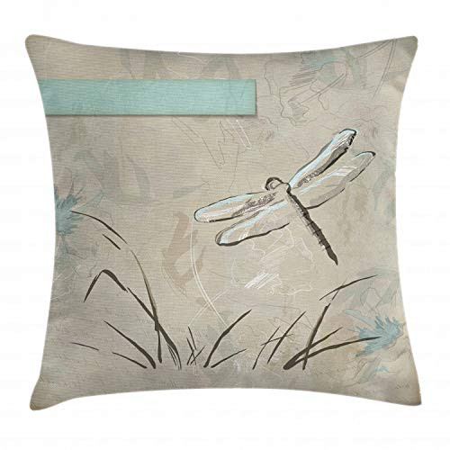 Ambesonne Dragonfly Throw Pillow Cushion Cover, Romantic Vintage Sketch in Pastel Grass Birthday Grunge Grass Botany Artwork, Decorative Square Accent Pillow Case, 18 X 18 Inches, Seafoam Tan