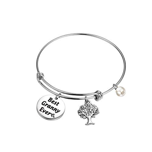 FEELMEM Granny Bracelet Grandma Gift Best Granny Ever Wire Bangle Bracelet with Family Tree Charm Gift for Grandmother Grammy -silver-