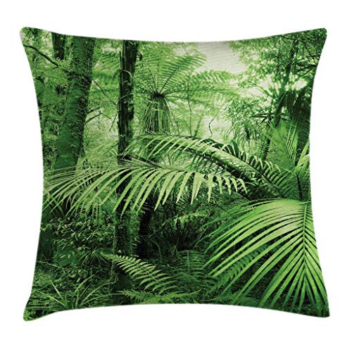 Ambesonne Rainforest Throw Pillow Cushion Cover, Palm Trees and Exotic Plants in Tropical Jungle Wild Nature Zen Theme Illustration, Decorative Square Accent Pillow Case, 18 X 18 Inches, Green
