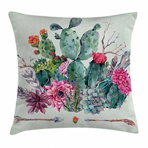 Ambesonne Cactus Decor Throw Pillow Cushion Cover, Spring Garden with Boho Style Bouquet of Thorny Plants Blooms Arrows Feathers, Decorative Square Accent Pillow Case, 18 X 18 Inches, Multicolor