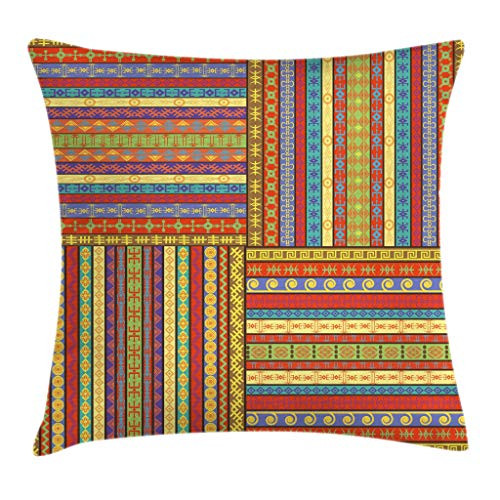 Ambesonne African Throw Pillow Cushion Cover, Ethnic Borders Pattern Old Fashioned Ancient Culture Theme Colorful Artful Print, Decorative Square Accent Pillow Case, 18 X 18 Inches, Multicolor