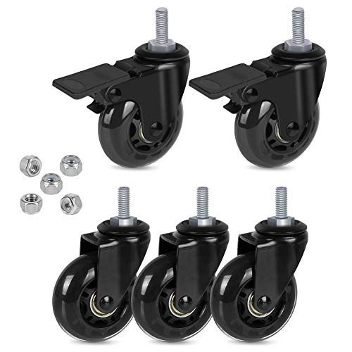 Hirate 2.5" Caster Wheel with 3/8"-16UNC Threaded Stem-2 Casters with Brake Lock, 3 Without-, Heavy Duty Swivel Stem Casters Wheels with Lock Nuts for Hardwood Tile Carpet Floor