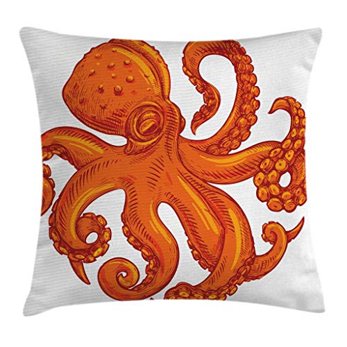 Ambesonne Octopus Throw Pillow Cushion Cover, Octopus Pattern Illustration Underwater World Wild Nature Themed Artwork Print, Decorative Square Accent Pillow Case, 18 X 18 Inches, Orange White