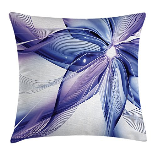 Ambesonne Abstract Decor Throw Pillow Cushion Cover, Geometrical Smoke Like Striped Huge Flower Floral Design Artwork, Decorative Square Accent Pillow Case, 18 X18 Inches, Blue White and Purple