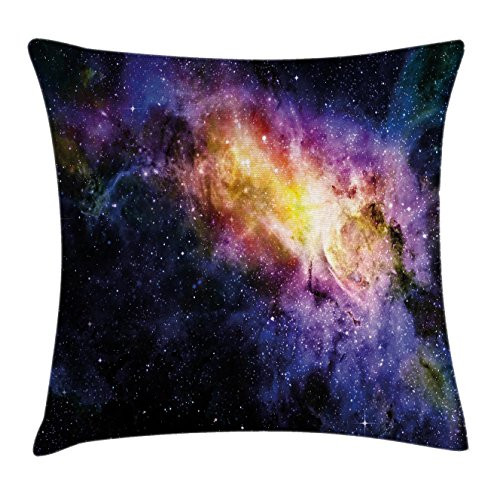 Ambesonne Galaxy Throw Pillow Cushion Cover, Nebula Gas Cloud in Space Dust Milky Way in Atmosphere Universe Print, Decorative Square Accent Pillow Case, 18 X 18 Inches, Black Purple and Yellow