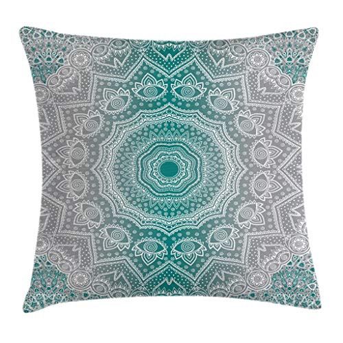 Ambesonne Grey and Teal Throw Pillow Cushion Cover, Mandala Ombre Sacred Geometry Occult Pattern with Flower Lines Display Artwork, Decorative Square Accent Pillow Case, 18 X 18 Inches, Teal Grey