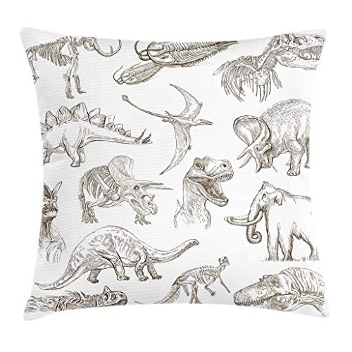 Ambesonne Jurassic Throw Pillow Cushion Cover, Arrangement of Various Dinosaurs Illustrations Skeleton Biology Historic, Decorative Square Accent Pillow Case, 18 X 18 Inches, Dark Brown White