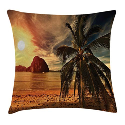 Ambesonne Tropical Throw Pillow Cushion Cover, Exotic Beach with Coconut Palm Tree and Horizon Sunset Calm Panorama, Decorative Square Accent Pillow Case, 18 X 18 Inches, Orange and Olive Green
