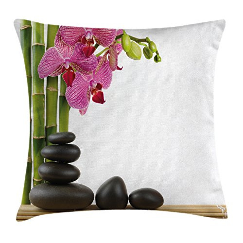 Ambesonne Spa Decor Throw Pillow Cushion Cover, Beautiful Pink Orchid with Bamboos and Black Hot Stone Massage Image, Decorative Square Accent Pillow Case, 18 X18 Inches, Pink Green and Black