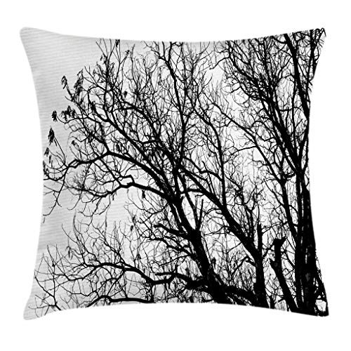 Ambesonne Nature Throw Pillow Cushion Cover, Leafless Autumn Fall Tree Branches Tops Oak Forest Woodland Season Eco Theme, Decorative Square Accent Pillow Case, 18 X 18 Inches, Black and White