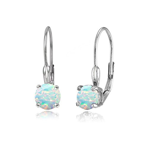 Sterling Silver Synthetic White Opal 6mm Round Leverback Earrings