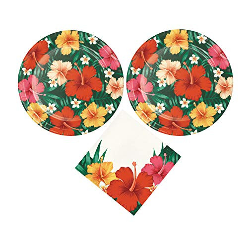 Hawaiian Tropical Flowers Themed Party Supplies Paper Plates and Napkins Serves 16