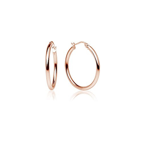 LOVVE Rose Gold Flashed Sterling Silver High Polished Round-Tube Click-Top Hoop Earrings, 2x25mm
