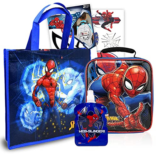 Marvel Spider-man Water Pouch Lunch Box Bundle ~ Spiderman School Supplies And Sports Gear With Stickers -Spiderman Lunch Bag Set-