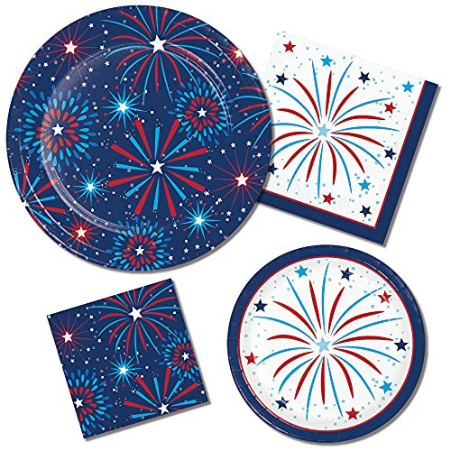 Patriotic Party Supplies for 8 People | Bundle Includes Paper Plates and Napkins | Red White and Blue Fireworks Design