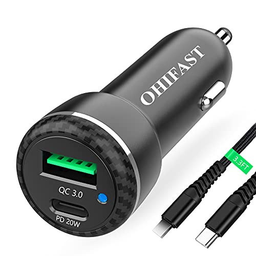 OHIFAST 20W USB C Car Charger Compatible for iPhone 12 Pro/Max/Mini/11/XS/X/XR/8/Plus/SE 2020/iPad/Air 3 Type C Automobile Charger Adapter, PD and QC3.0 Dual Fast Charging Port for Car with 3FT Cable