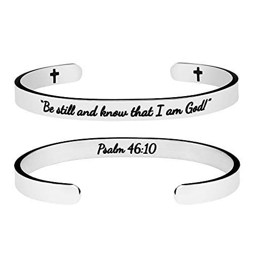 Christian Jewelry Gift for Women Inspirational Scripture Bible Verse Engraved Cuff Bracelet Be Still and Know That I Am God