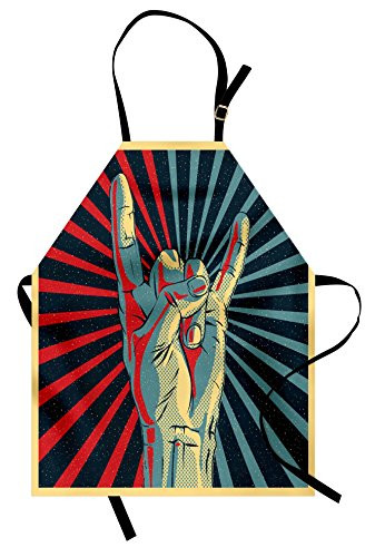 Ambesonne Music Apron, Hand in Heavy Rocker Sign Musical Universal Gesturing Thunder Bolts Party People, Unisex Kitchen Bib Apron with Adjustable Neck for Cooking Baking Gardening, Multicolor