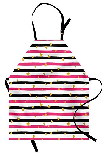 Lunarable Valentines Day Apron, Romantic Teenager Love Sign Hearts on Grunge Stripes Lines, Unisex Kitchen Bib Apron with Adjustable Neck for Cooking Baking Gardening, Hot Pink Black and White