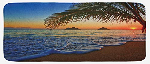 Ambesonne Hawaiian Kitchen Mat, Pacific Sunrise at Lanikai Beach Hawaii Wavy Ocean Surface Colorful Sky Scene, Plush Decorative Kitchen Mat with Non Slip Backing, 47" X 19", Blue Ivory