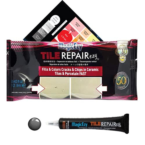 MagicEzy Tile RepairEzy - Grey - Porcelain Tile Repair Kit - Fix Cracked or Chipped Ceramic Tiles Fast - Thick Structural Repair Filler, Putty and Adhesive for Tiles -Gray- MagicEzy Tile RepairEzy - Grey - Porcelain Tile Repair Kit - Fix Cracked or Chipped Ceramic Tiles Fast - Thick Structural Repair Filler, Putty and Adhesive for Tiles -Gray-