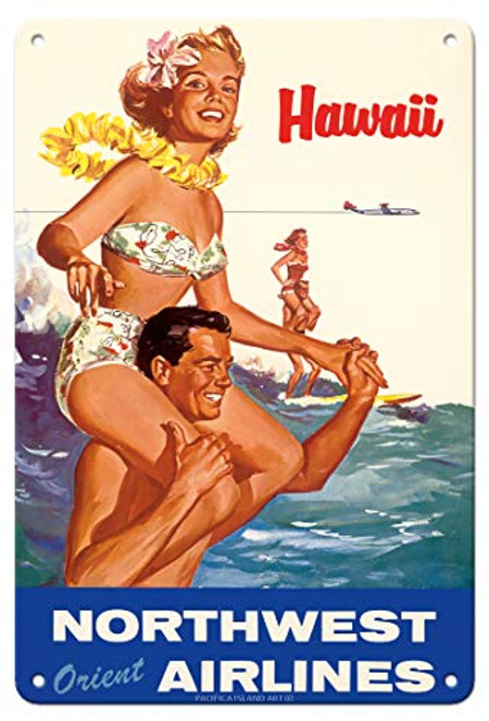 Pacifica Island Art Hawaii - Northwest Orient Airlines - Vintage Airline Travel Poster c.1960s - 8in x 12in Vintage Metal Tin Sign Pacifica Island Art Hawaii - Northwest Orient Airlines - Vintage Airline Travel Poster c.1960s - 8in x 12in Vintage Metal Tin Sign