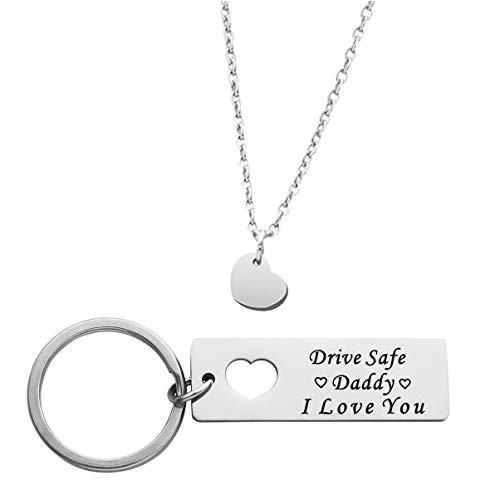 Asqunpin Drive Safe Gift for Dad Drive Safe Daddy I Love You Keychain and Heart Necklace Father Daughter Matching Jewelry Set -Drive Safe Daddy I Love You-