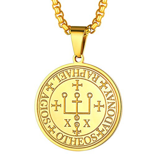 FaithHeart Sigil of Archangel Raphael Talisman Necklace for Male Gold Plated Amulet Keep Me Safe and Positive Inscription Prayer Medallion- Golden