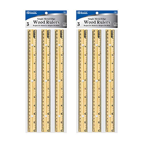 BAZIC Wooden Ruler 12" -30cm-, Singel Metal Edge, Inches Centimeter Metric Measuring Drafting Rulers, for Students School Supplies -3/Pack-, 2-Packs