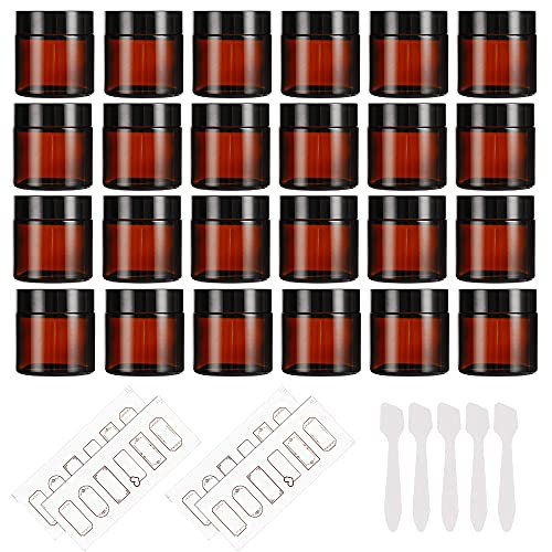 24 Pack 2oz Amber Glass Jars with Black Lids, Mcupper Round Empty Containers for Scrubs, Lotions, Cosmetic, and Ointments, Travel Storage Jar with White Inner Liners, lables and Spatulas