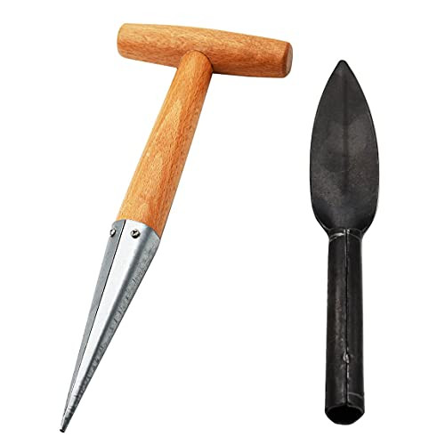 Long Handle Dibber Garden Tool for Planting Seeds Bulbs,Garden Sow Dibber Bulb Planter Manually Operated Metal Dibber with Wooden Handle, Hand Wood Dibble Tool for Planting with Metal Garden Shovel