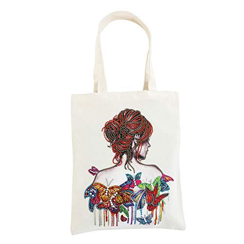 LUSandy 5D DIY Butterfly Lady Diamond Painting Reusable Gift Bag, Shopping Bag with Handles, Grocery Bag, Fabric Tote Bag, Merchandise Bag, Foldable, Strong and Eco Friendly 14x11"