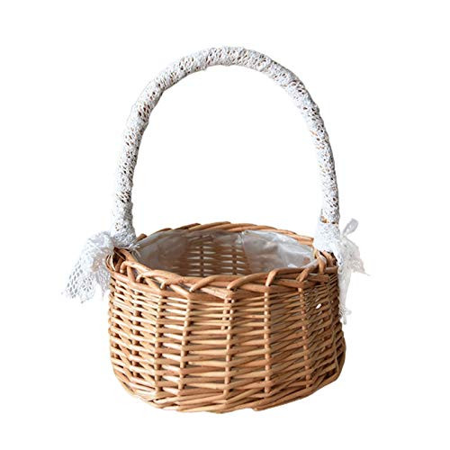Flower Girl Baskets Wicker Woven Basket Willow Hand Woven Basket with Handle and Lace Bow Picnic Basket Woven Eggs Candy Basket Flower Basket for Wedding