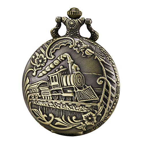 Morfong Pocket Watch Steam Train Quartz Fob Watch for Men Women with Chain, Bronze
