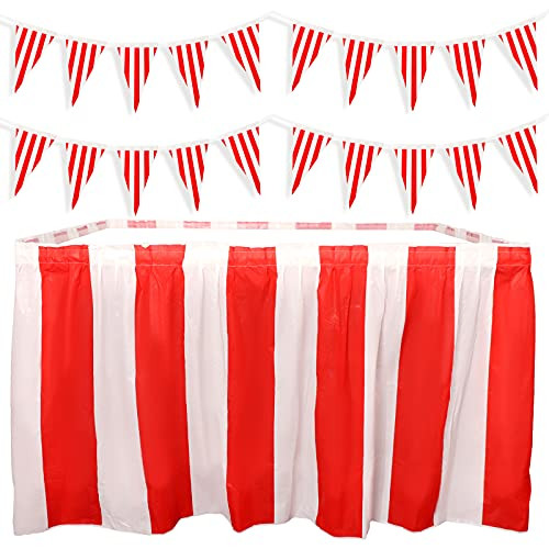 Carnival Table Skirt Circus Pennant Bunting Flags Banner Carnival Circus Decoration Red White Striped Table Cloths for Carnival Birthday Theme Party Festival Celebration Supplies Carnival Table Skirt Circus Pennant Bunting Flags Banner Carnival Circus Decoration Red White Striped Table Cloths for Carnival Birthday Theme Party Festival Celebration Supplies