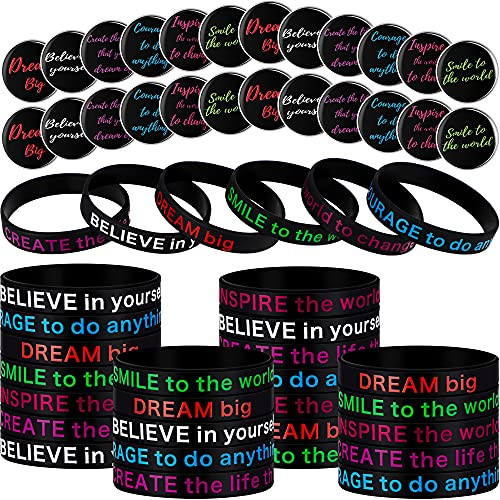 72 Pieces Motivational Bracelets and Button Pins Set 36 Motivational Silicone Stretch Wristbands 36 Inspirational Button Pins Multicolored Rubber Inspirational Bracelets with Messages, 8 Styles