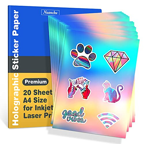 20 Pieces A4 Holographic Printable Vinyl Sticker Paper Dries Quickly Waterproof Sticker Paper Rainbow Vinyl Sticker Paper for Inkjet and Laser Printer, 8.25 x 11.7 inch
