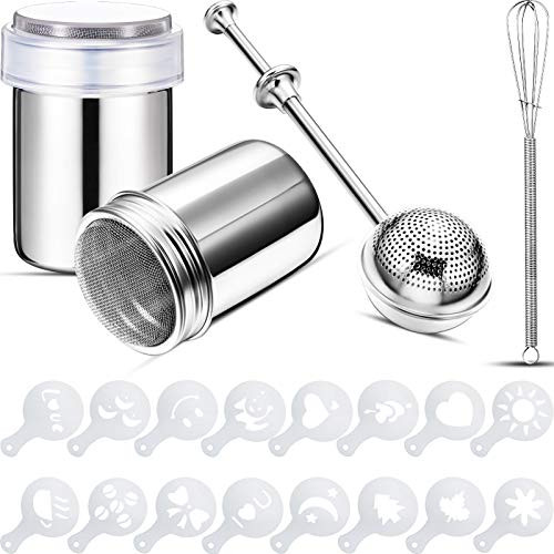 2 Pieces Stainless Steel Powder Sugar Shaker with Lid, Baking Flour Powdered Sugar Shaker Duster, 16 Pieces Coffee Printing Molds and Mini Wire Kitchen Whisks for Kitchen Baking