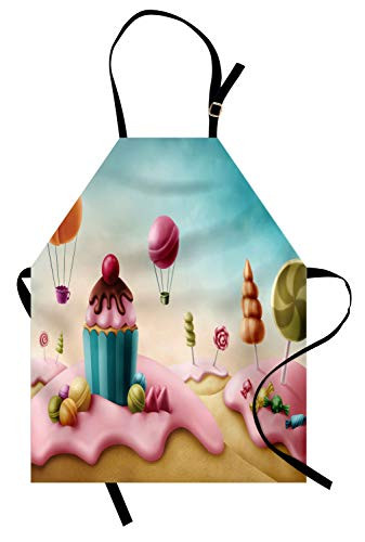 Lunarable Retro Apron, Fantasy Candyland with Cupcake Bonbon Lollipops Food Fairytale Delicious Sweets, Unisex Kitchen Bib Apron with Adjustable Neck for Cooking Baking Gardening, Multicolor