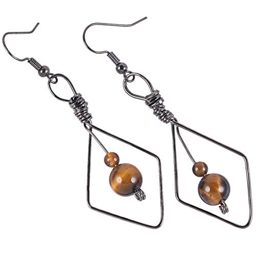 Nupuyai Tiger's Eye Crystal Stone Beads Dangle Earrings for Women, Handmade Wire Wrapped Rhombus Geometric Healing Jewelry for Reiki