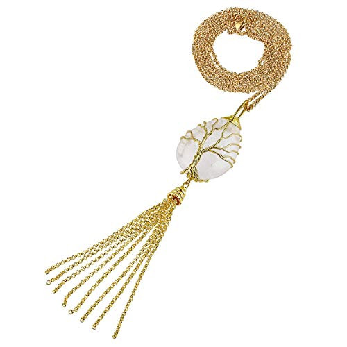 Nupuyai Tree of Life Stone Necklace for Women Men, Handmade Wire Wrapped Healing Crystal Pendant with Tassel, Rock Quartz