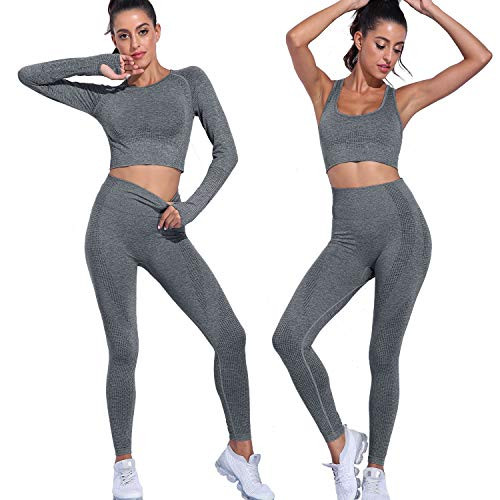 Workout Sets for Women 3 Piece, Seamless Yoga Outfits Tracksuit, High Waisted Yoga Leggings with Sports Bra Crop Top Gym Activewear -Dark Grey -Set of 3-, L-