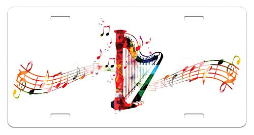 Lunarable Harp License Plate, Colorful Concert Harp with Music Staff and Notes Artistic Creativity Harmony Composer, High Gloss Aluminum Novelty Plate, 5.88 L X 11.88 W Inches, Multicolor