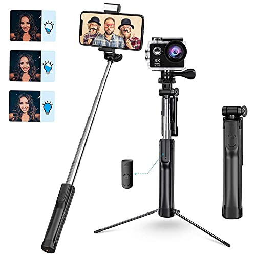 Selfie Stick Tripod, 3 Level Fill Light Selfie Stick, All in 1 Extendable Phone Tripod with Wireless Remote and Lightweight, Compatible with iPhone 12 12 Pro 11 11 Pro XS Max XR Galaxy Camera
