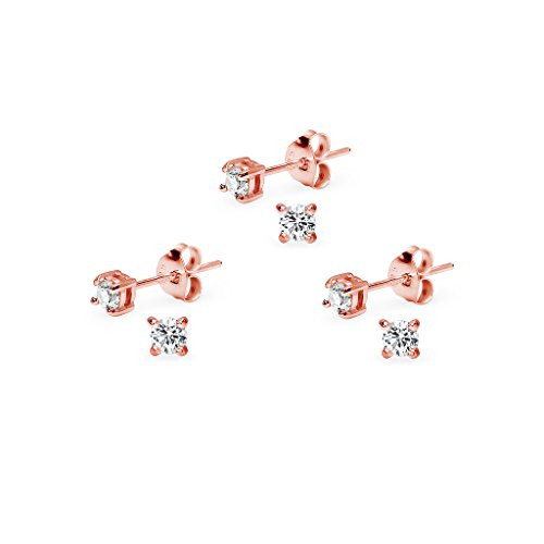 Sterling Silver Round Cut Cubic Zirconia Stud Earrings 3mm 3 Pair Set Women Rose Gold Flashed