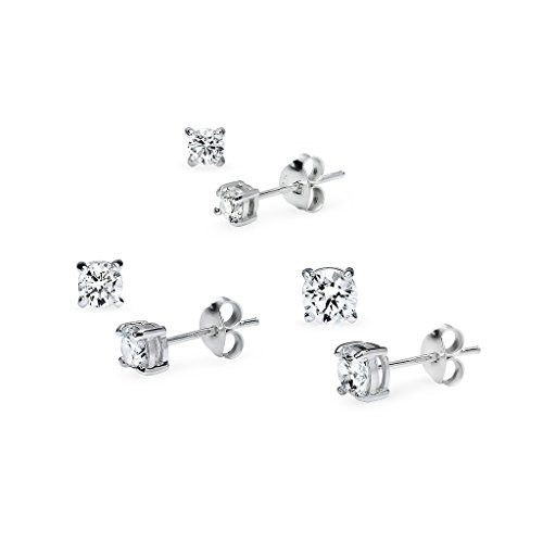 Sterling Silver Round Cut Cubic Zirconia Stud Earrings 3 Pair 3mm 4mm  and  5mm Set Women